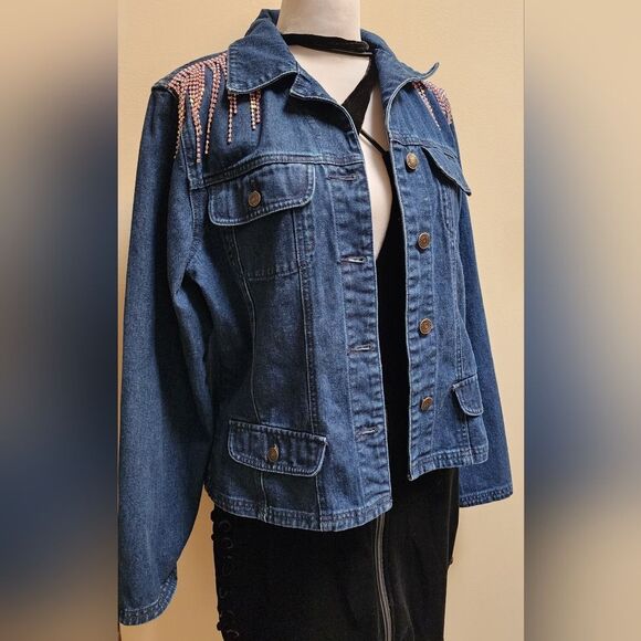Upcycled Custom Jean Jacket Size 10 With Pink Rhinestone Fringe - Picture 2 of 8